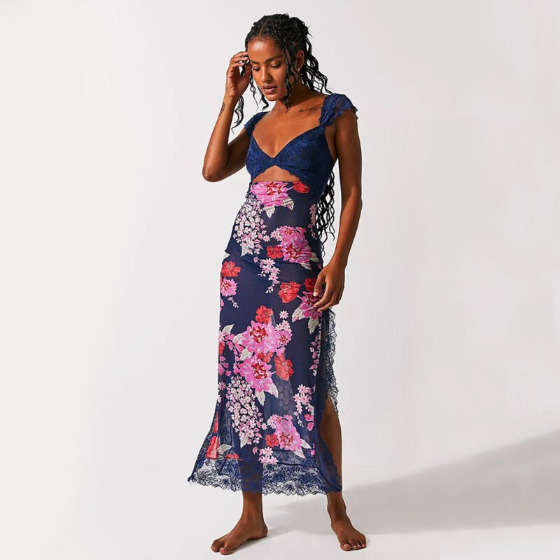 Slim V-neck Lace Shoulder-strap Dress Stitching Flowers Print Long Dresses Summer Women's Clothing - Image 4