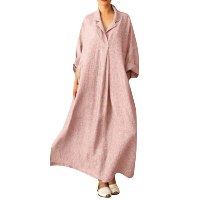 Women Dress Loose Casual Ankle Length Office Lady Dress Solid  Lantern Sleeve Bohemian Loose Waist Women Dress - Image 4