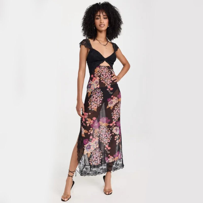 Slim V-neck Lace Shoulder-strap Dress Stitching Flowers Print Long Dresses Summer Women's Clothing - Image 10