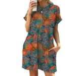 Loose Crew Neck Short Sleeve Printed Pocket Dress