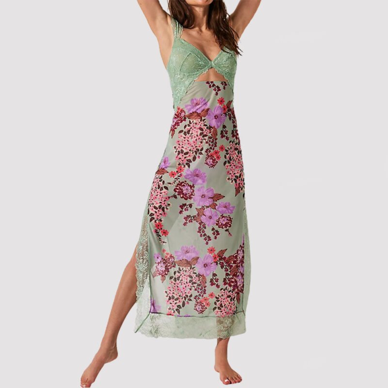 Slim V-neck Lace Shoulder-strap Dress Stitching Flowers Print Long Dresses Summer Women's Clothing - Image 3