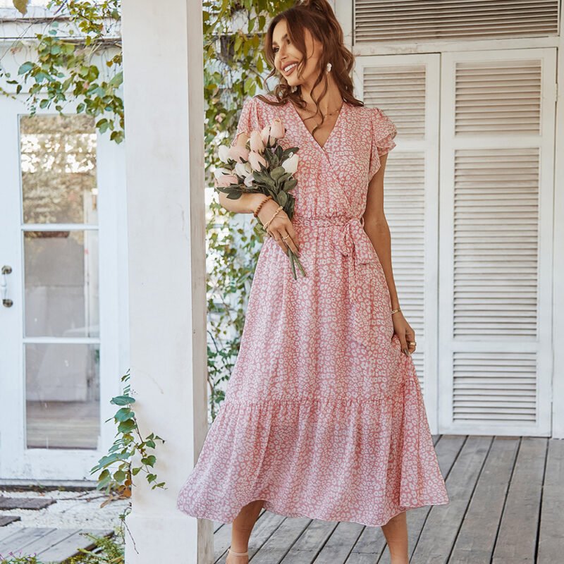 Summer Dresses Ruffle Cap Sleeve V Neck Belt Wrap Split Boho Floral Long Casual Party Beach Dress - Image 4