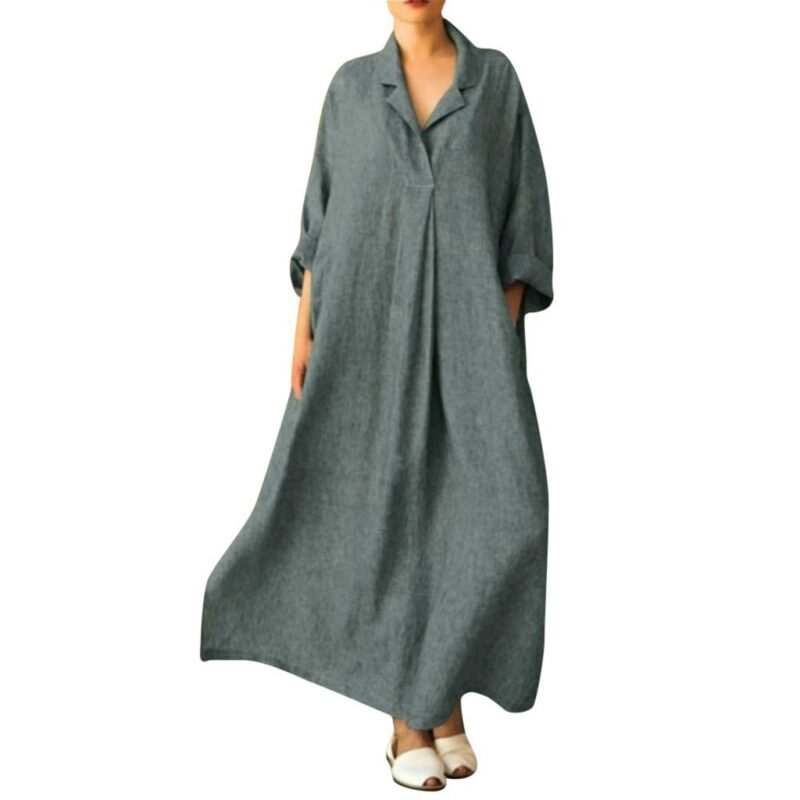 Women Dress Loose Casual Ankle Length Office Lady Dress Solid  Lantern Sleeve Bohemian Loose Waist Women Dress - Image 3