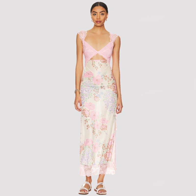 Slim V-neck Lace Shoulder-strap Dress Stitching Flowers Print Long Dresses Summer Women's Clothing - Image 9