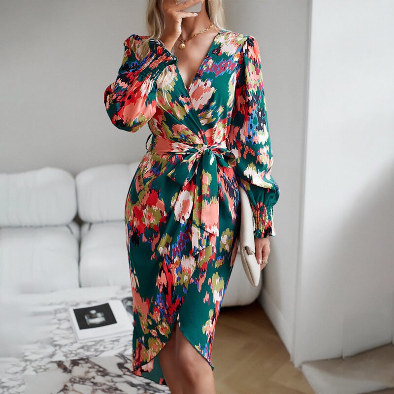Printed Dress 2023 Autumn Winter Elegant V-neck Dress - Image 4