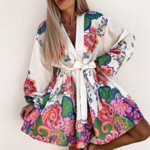 New Bohemian Long Sleeve Burnt V-Neck Dress