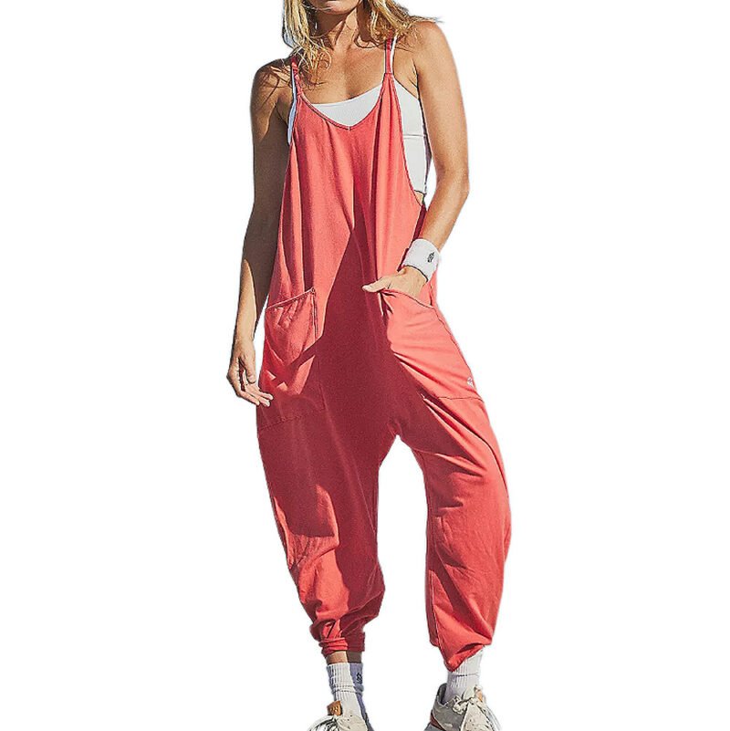Women's Fashion Solid Color V-Neck Sling Pocket Jumpsuit - Image 3