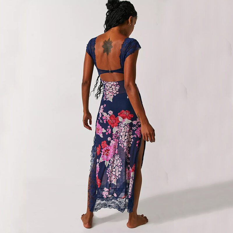 Slim V-neck Lace Shoulder-strap Dress Stitching Flowers Print Long Dresses Summer Women's Clothing - Image 7