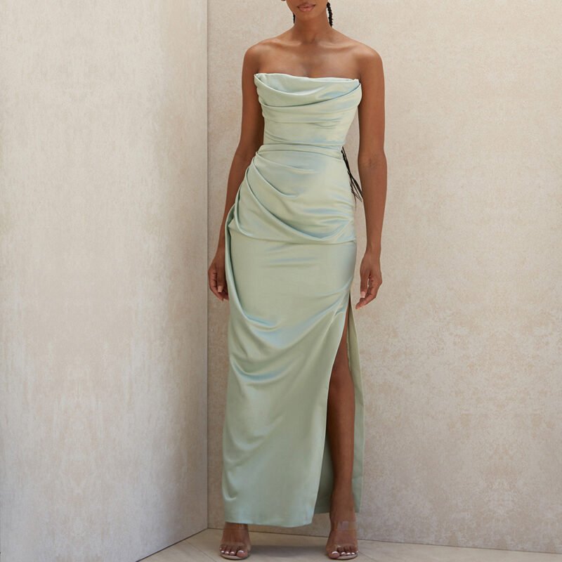 Satin Tube Top Split Knee-length Dress - Image 2