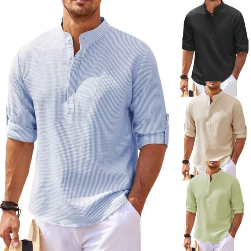 Stand Collar Button Shirt Summer Pineapple Texture Shirt Casual Top Men's Clothing - Image 3