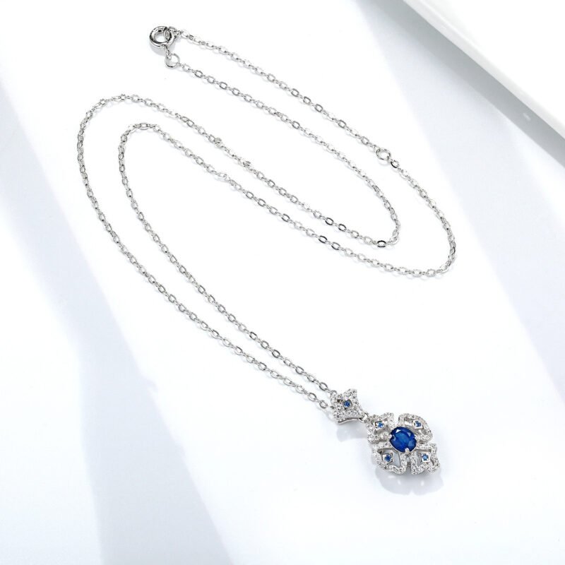 S925 Silver Retro Pattern Necklace Women's Versatile Natural Sapphire Pendant - Image 5