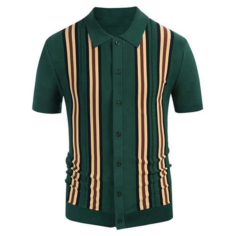Green Striped Short Sleeve Slim Fit Business Sweater - Image 8