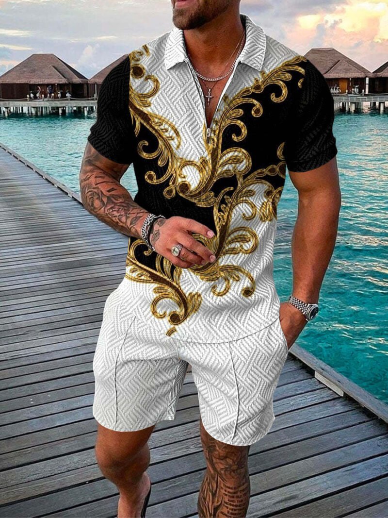 Men's Summer Fashion 3D Printed Short Sleeve Geometric Zip Lapel Shirt Set - Image 2