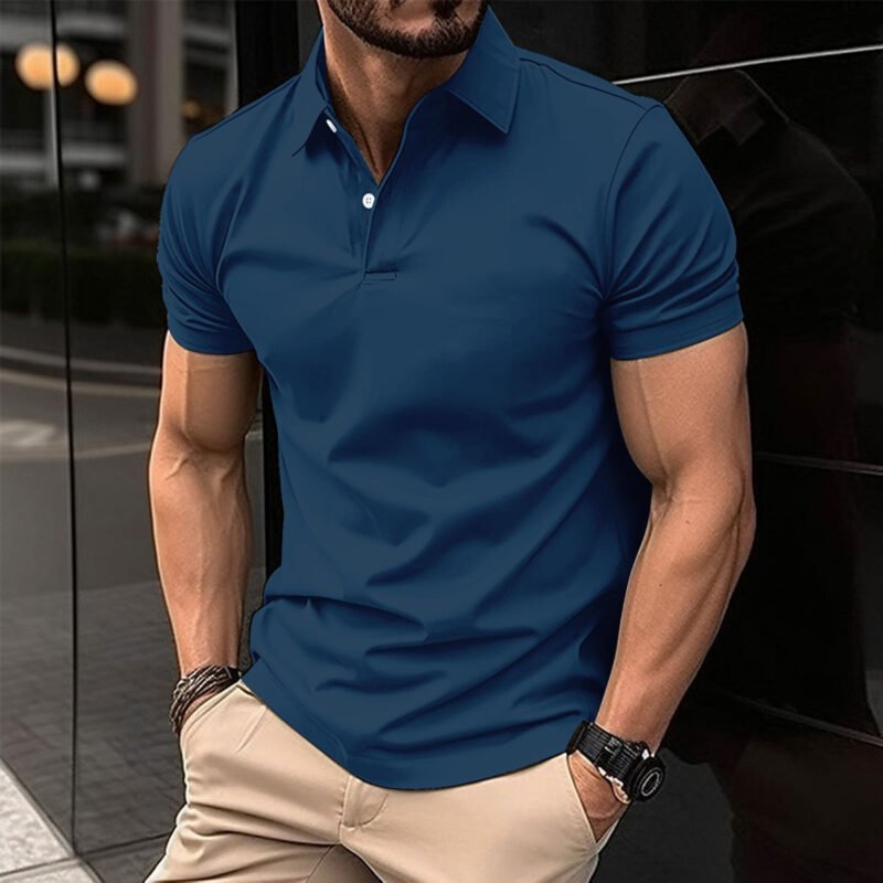 Summer Short Sleeve Polo Shirt Men Solid Color Button Lapel Button Top - Image 10