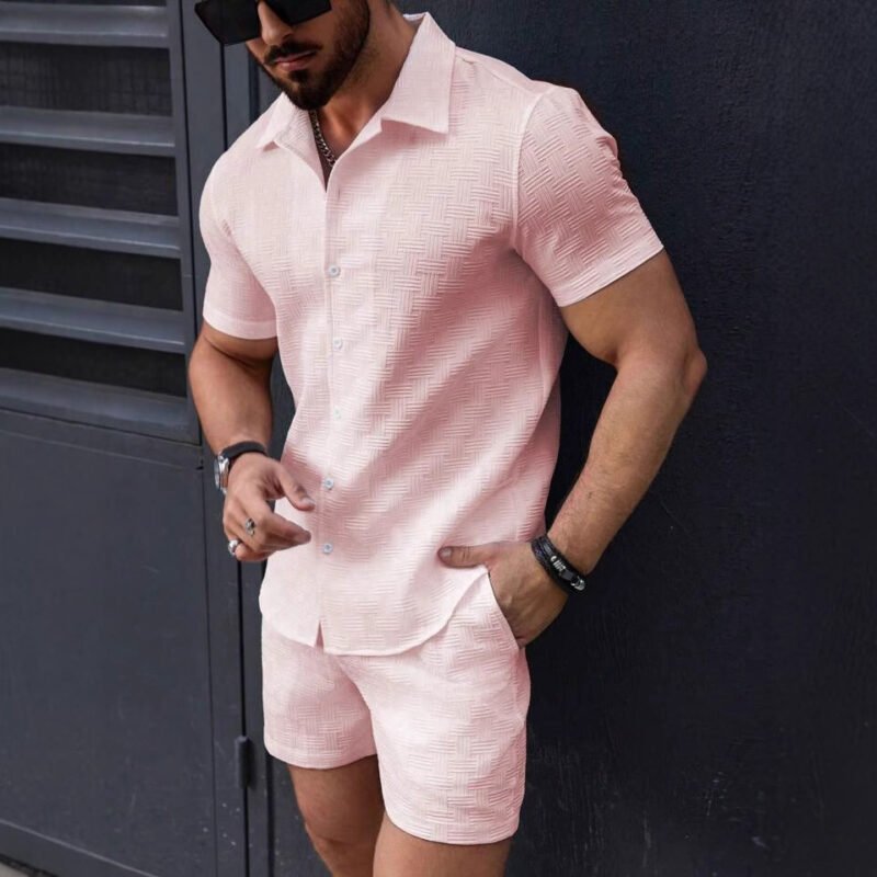 Leisure Breathable Beach Two Piece Suits Mens Summer Casual Short Sleeve Shirt And Shorts Men Outfits Vintage Textured Solid Set - Image 2