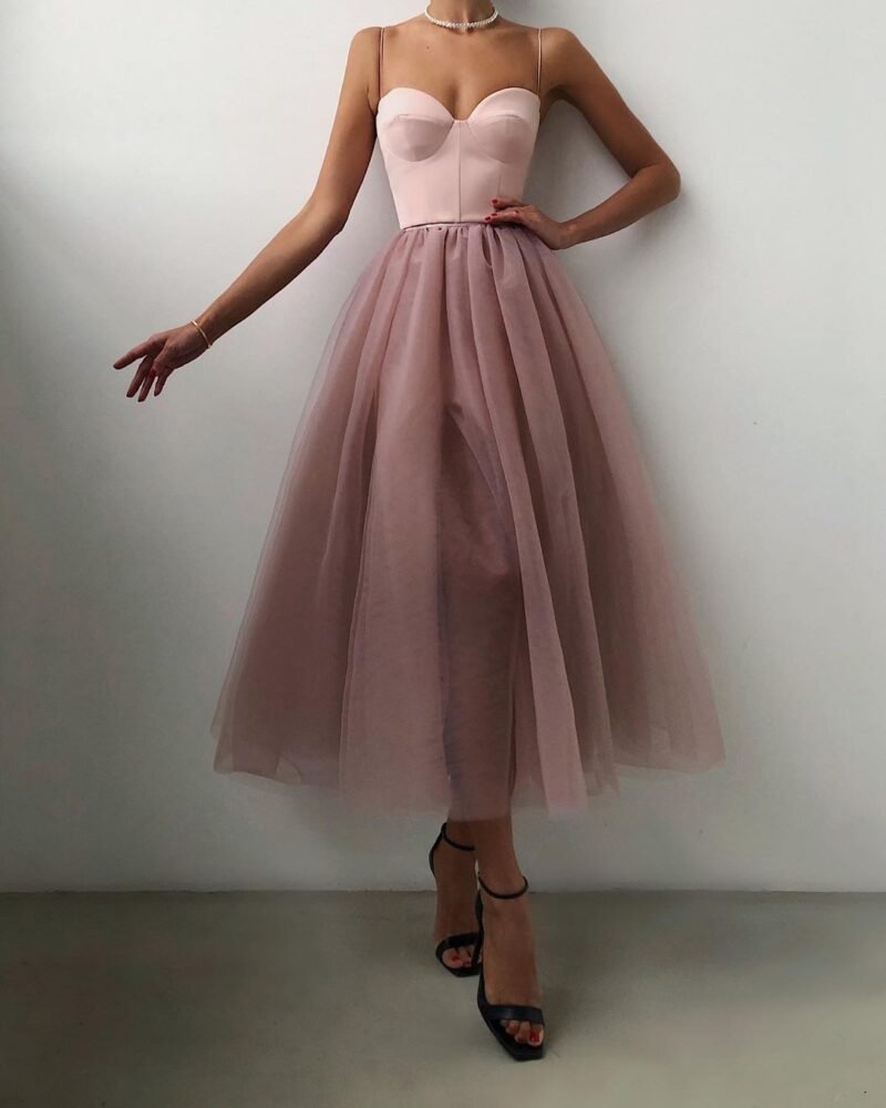Pure Color Mesh French Retro Dress European And American Tube Top Suspender Skirt - Image 3