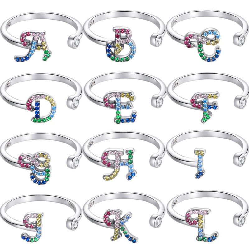 Colorful Zircon 26 Letters Ring Fashion Everyday All-Match Ring Jewelry - Image 3
