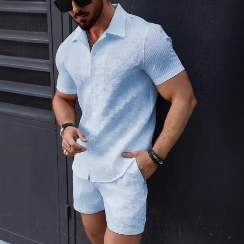 Leisure Breathable Beach Two Piece Suits Mens Summer Casual Short Sleeve Shirt And Shorts Men Outfits Vintage Textured Solid Set - Image 6