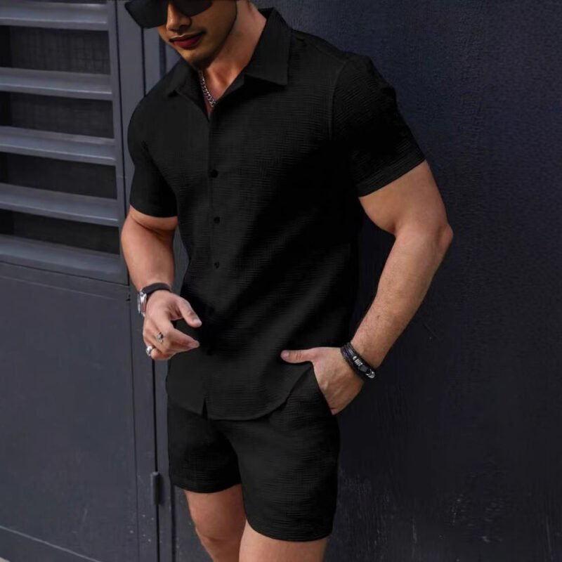 Leisure Breathable Beach Two Piece Suits Mens Summer Casual Short Sleeve Shirt And Shorts Men Outfits Vintage Textured Solid Set - Image 3