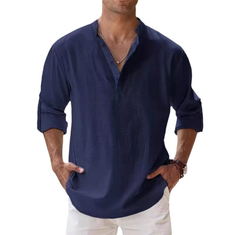 Men's Linen Stand-up Collar Long Sleeve T-shirt Loose Undershirt - Image 5