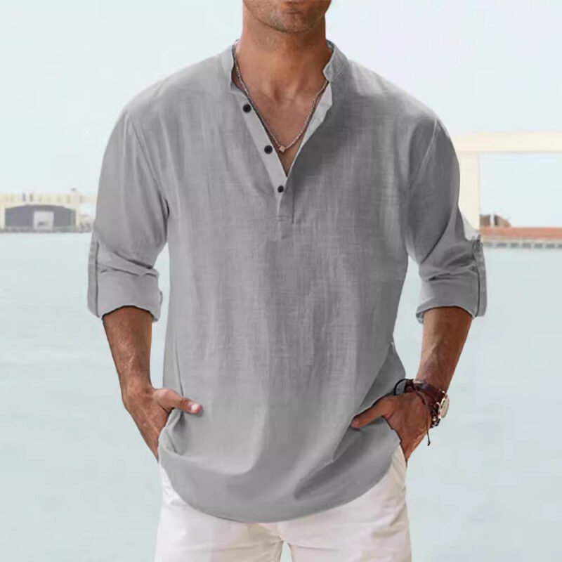Men's Linen Stand-up Collar Long Sleeve T-shirt Loose Undershirt - Image 7
