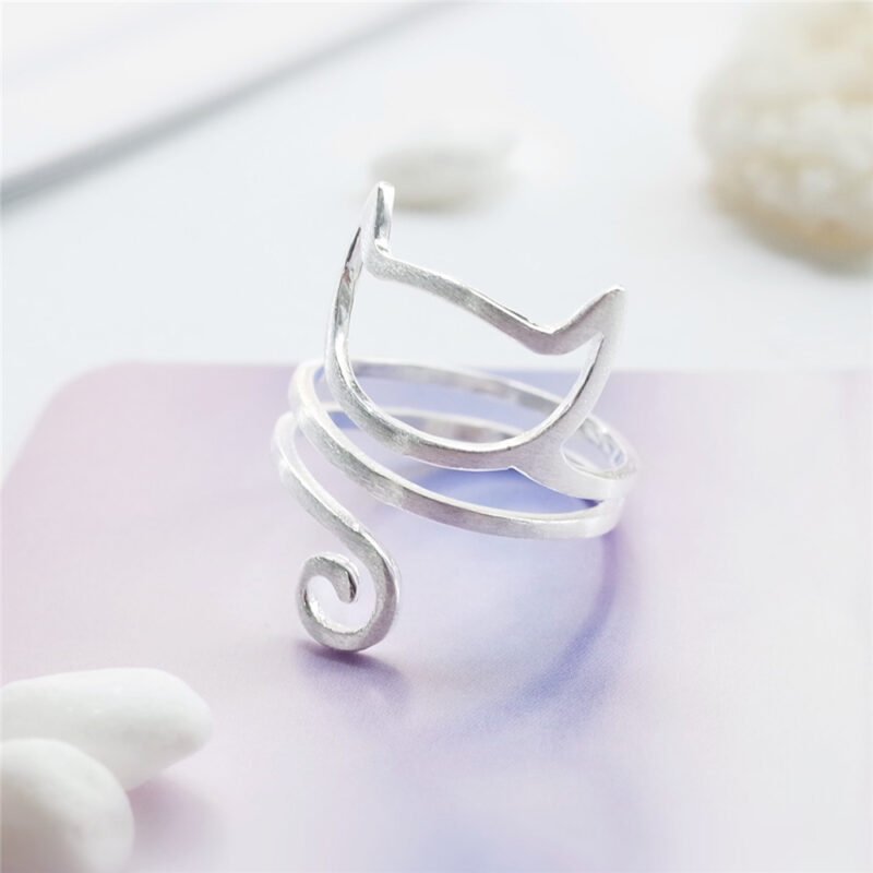 S925 Silver Personalized Winding Brushed Cute Cat Ring - Image 4