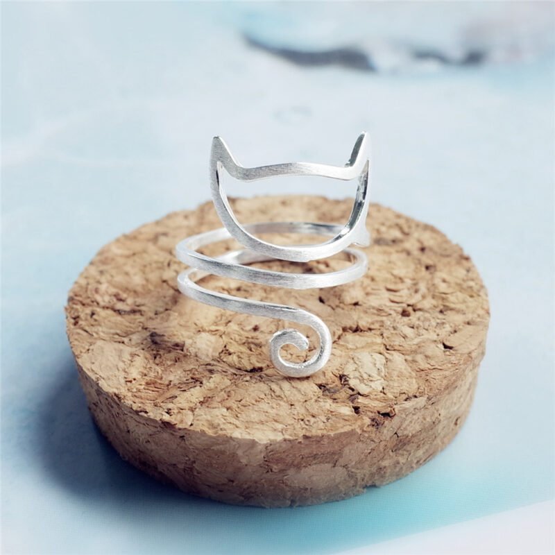 S925 Silver Personalized Winding Brushed Cute Cat Ring - Image 3
