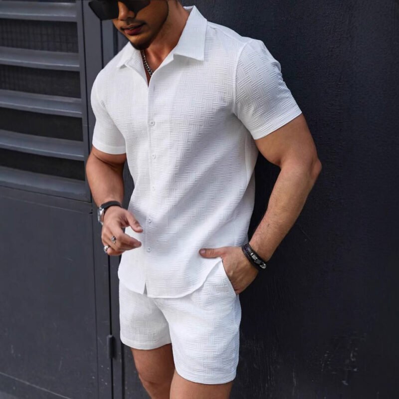 Leisure Breathable Beach Two Piece Suits Mens Summer Casual Short Sleeve Shirt And Shorts Men Outfits Vintage Textured Solid Set - Image 5
