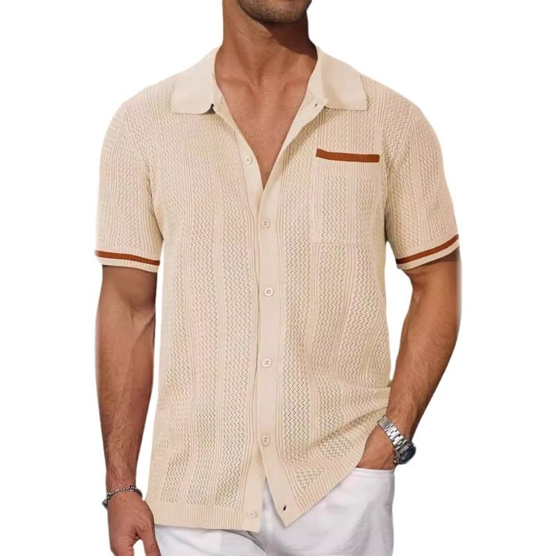 Short-sleeved Shirt Pocket Hollow Breathable Cool Summer Men's Casual Jacket Cardigan - Image 7