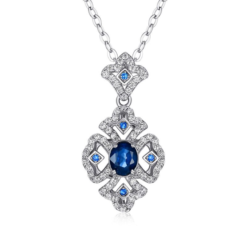 S925 Silver Retro Pattern Necklace Women's Versatile Natural Sapphire Pendant - Image 4