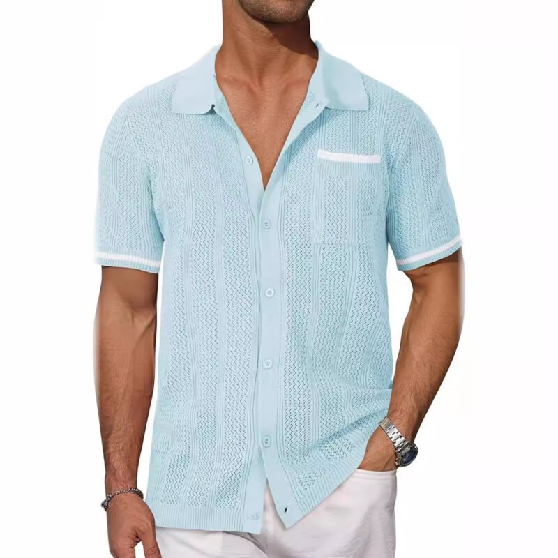 Short-sleeved Shirt Pocket Hollow Breathable Cool Summer Men's Casual Jacket Cardigan - Image 2