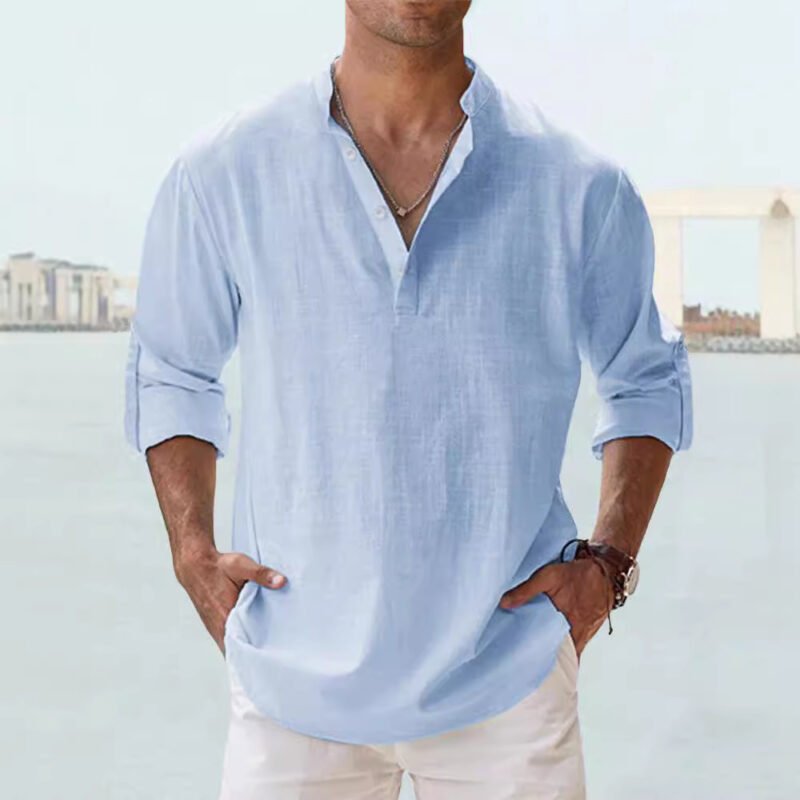 Men's Linen Stand-up Collar Long Sleeve T-shirt Loose Undershirt - Image 10