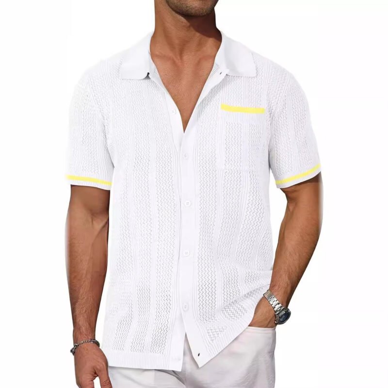 Short-sleeved Shirt Pocket Hollow Breathable Cool Summer Men's Casual Jacket Cardigan - Image 6
