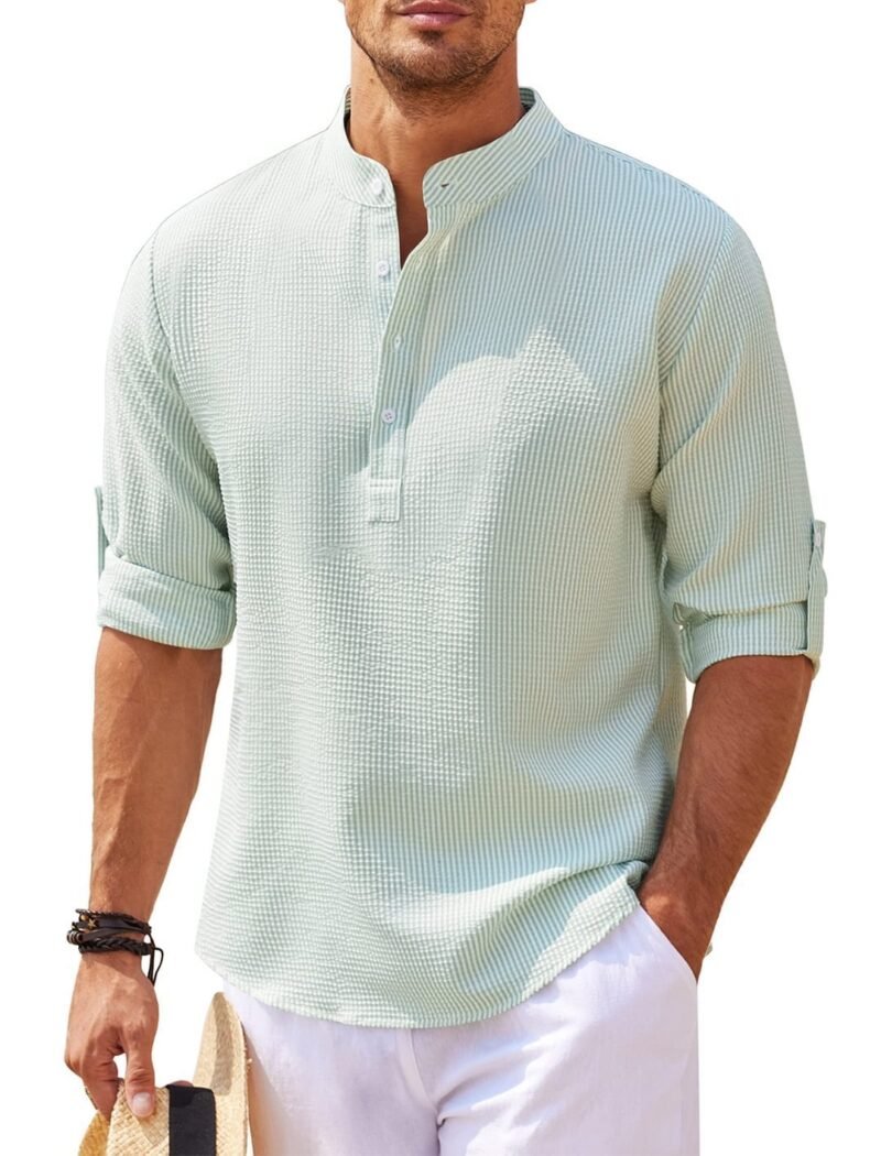 Men's Casual Shirt  Long Sleeve Stand Collar Solid Color Shirt Mens Clothing - Image 4