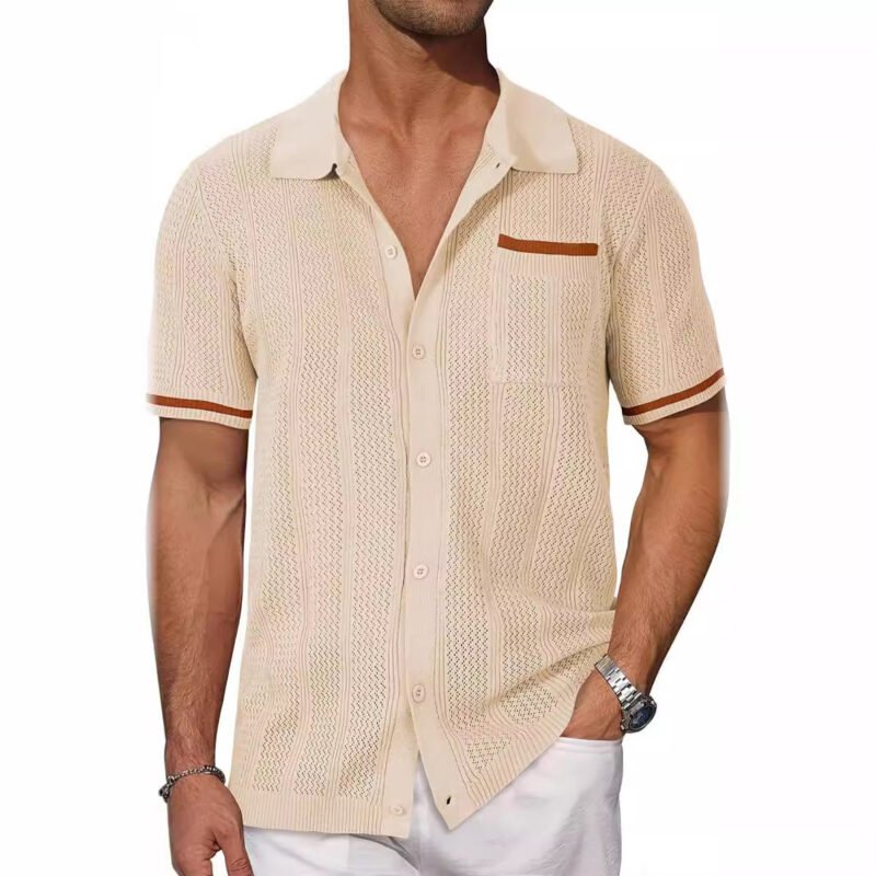 Short-sleeved Shirt Pocket Hollow Breathable Cool Summer Men's Casual Jacket Cardigan - Image 8