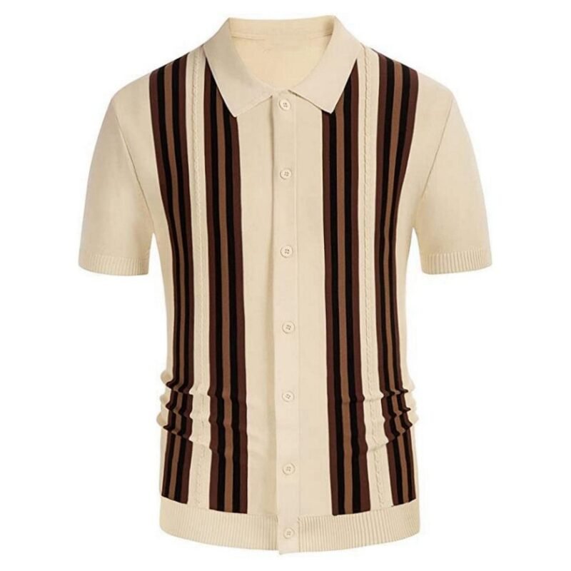 Green Striped Short Sleeve Slim Fit Business Sweater - Image 4