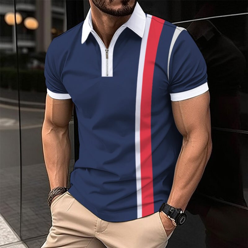 Striped Printed Men's Casual Polo Shirt - Image 3