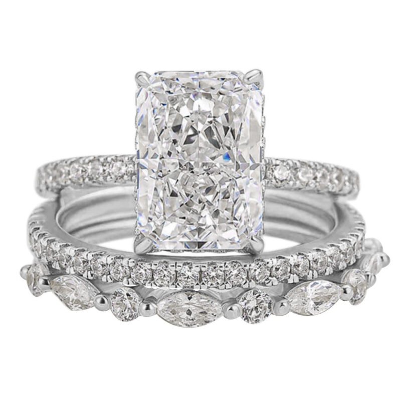 S925 Sterling Silver Super Shiny Ice Flower Cut Zircon Ring Suit - Image 5