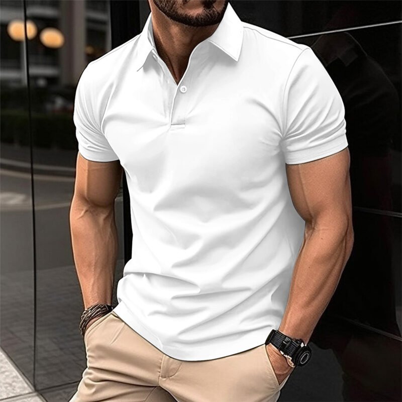 Summer Short Sleeve Polo Shirt Men Solid Color Button Lapel Button Top - Image 5