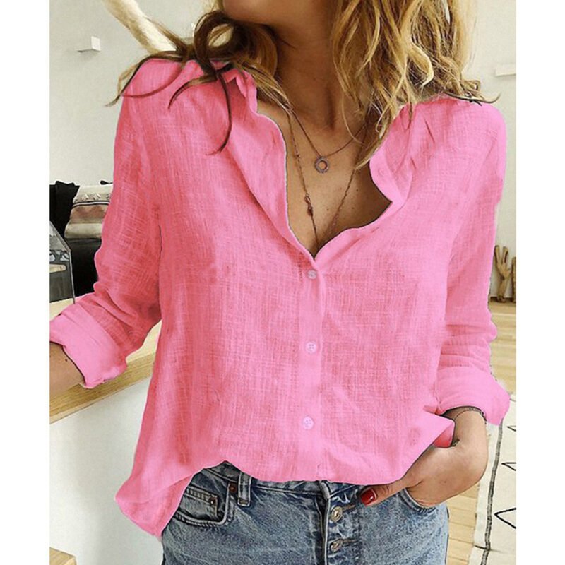 Loose Button Lapel Cardigan Top Long Sleeve Shirt Womens Blouses - Image 5