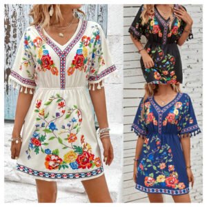 Bohemian Retro Ethnic Print Temperament Waist-controlled Slimming And Short Holiday Dress