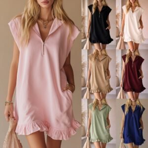 V-Neck Sleeveless Dress - Two Front Pockets And Zipper