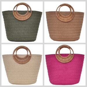 Simple Straw Weave Womens Large-Capacity Round-Handle Tote Bag