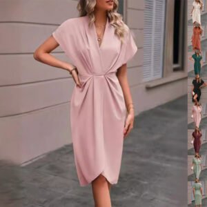 V-neck Short Sleeve Pleated Dress