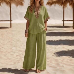 Boho Style Sleeveless Solid-color Top And Wide-leg Pants Set