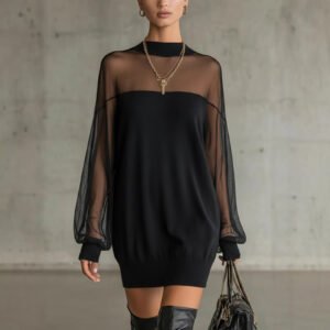 Mesh Patchwork Mini Skirt O Neck Long Sleeve Pullover Party Dresses