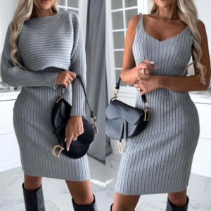 2pcs Suit Solid Stripe Long-sleeved Top