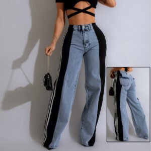 Denim High Waist Elastic Three Stripe Patchwork Pants