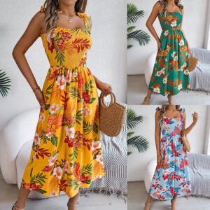 Flowers Print Suspender Long Dresses